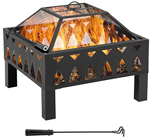 Outsunny 66cm Outdoor Fire Pit with Screen Cover, Wood Burner, Log Burning Firepit Bowl with Poker for Patio, Backyard, Black