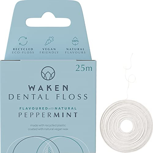Waken , 25m peppermint dental floss, 100% natural flavor, reduces plaque and gum disease, clinically tested, vegan floss, eco-friendly, sustainable packaging, 100% recyclable, white