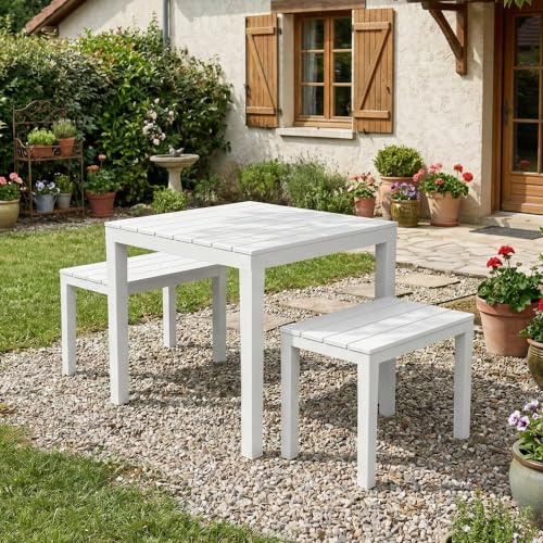 Dmora - Set Salotto da Esterno Moncalieri, Composizione da Giardino con 1 Tavolo Quadrato e 2 panche, Salottino Indoor e Outdoor da PIC Nic, 100% Made in Italy, Bianco