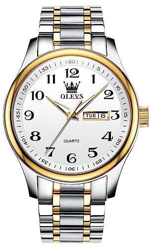 OLEVS White Watch for Men Large Face Stainless Steel Quartz Watches with Date Casual Luminous Two Tone Band Men's Wrist Watch Three Hands Men Dress Watches Arabic Numeral Male Lightweight Wristwatch