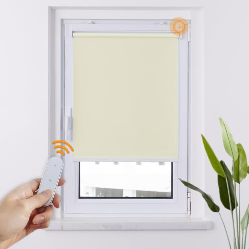 HOMEDEMO M100 Elektrische Rollos Verdunkelungsrollo mit Motor & Fernbedienung, Creme 110x150cm(BxH), Smart Rollo ohne Bohren klemmfix & mit Bohren, Sonnenschutz Sichtschutz Rollo für Fenster