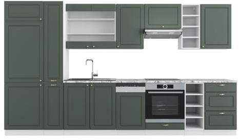Vicco Küchenzeile Fame-Line, Grün-Gold Landhaus/Weiß, 355 cm | 12 Module · Höhenverstellbare Füße · Ohne Arbeitsplatte · MDF-Fronten · Softclose · Metallgriffe