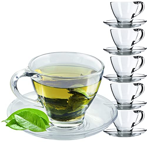 KADAX Lot de 6 Tasses en Verre Transparent Avec Soucoupe - 200 ml/250 ml - Pour Thé et Café (Hannah / 6 Pièces)