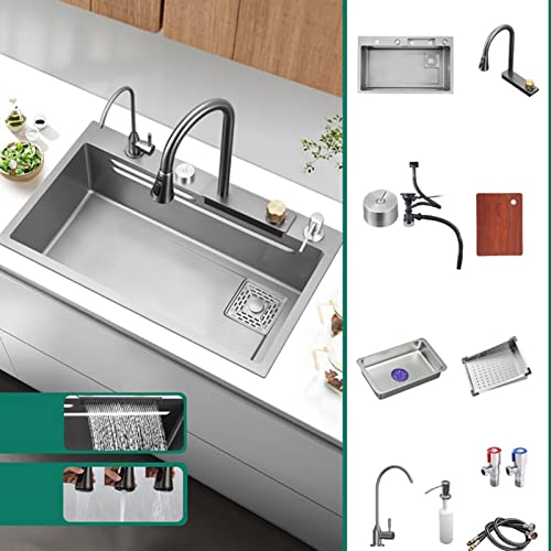 HGTRH Fregadero Cocina 1 Seno con Escurridor, Fregadero Acero INOX Negro, Nano Antibacteriano Inoxidable Fregadero Un Seno FáCil De Limpia, sobre Encimera, Bajo Encimera O Enrasado, con Cascada Grifo