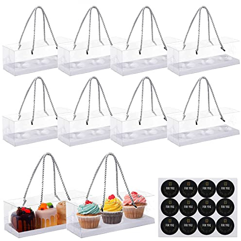 Surflyee 10Pcs Cupcake Boxes, 3 Hole Clear Cupcake Boxes with Inserts | Cupcakes Container Individual with Sticker, Clear Cake Box for Cupcakes, Muffins, Suitable for Party, Wedding, Cake Shop