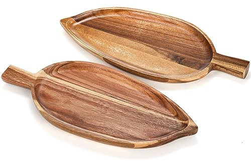 YOUEON 2 Pcs Acacia Wood Leaf-Shaped Serving Trays (33x14 cm), Food-Safe Wooden Platters for Snacks, Fruits, Appetizers, Decorative Small Trays for Dining Table, Also Ideal as Candle Holders