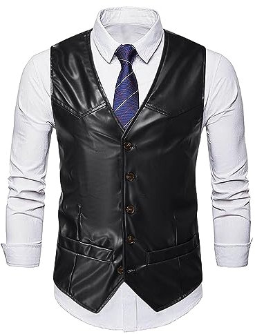 Mymyguoe Herren Pu Leder Weste Motorrad Winterweste Slim fit V-Ausschnitt Ärmellose mit 5 Knöpfen Gilet Leicht Wasserdicht Weste Casual Klassisch Basic Männer Anzugweste