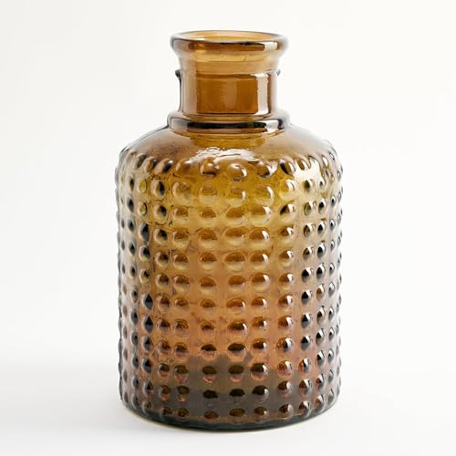 Botella Mediana de Vidrio Reciclado con Diseño de Puntos en Relieve - Pequeña Garrafa Artesanal de Cristal Estilo Mediterráneo para Decoración como Jarrón o Florero (Ámbar)