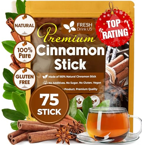 FreshDrinkUS, Premium 75+ Cinnamon Dried Sticks, Whole Sticks, 100% Natural & Pure Cinnamon Inner Bark, Raw Spice Flavor & Strong Aroma, Herbal Tea, Perfect for Warm Beverages