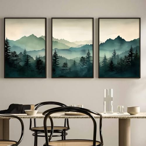 Mountain Wall Art Decor Set of 3 Sage Green Forest Canvas Wall Art Prints Nature Landscape Wall Decor Watercolour Pine Tree Pictures Abstract Modern Painting for Living Room Bedroom 16 x 24 Inch