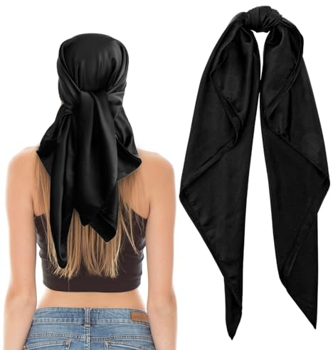 Jeffdad 35 Large Square Satin Head Scarf, Silk Scarf for Women Hair Bandana, Head Scarves for Hair Wrapping and Sleeping at Night(Black)