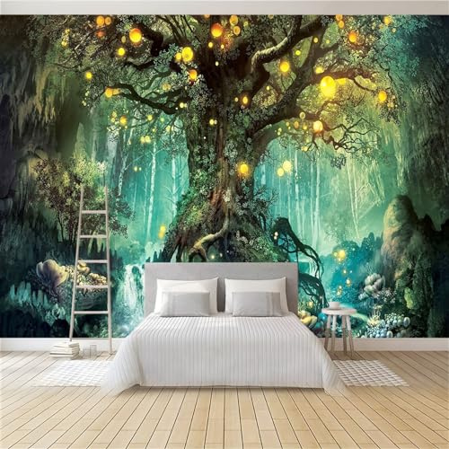 Papier Peint Intissé 3D Arbre Magique Vert 300 x 210 cm Papier Peint Mural Poster Tableaux Muraux Tapisserie Photo, Chambre D'enfants Mural Personnalisé pour Salon Chambre Décor