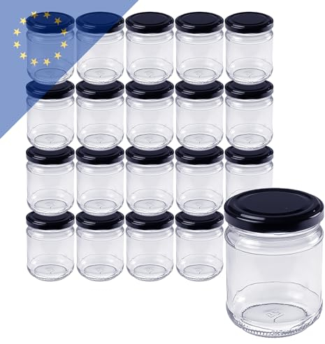 Verpackungsstadl Einmachgläser 212ml mit TO63 schwarz (20 Stk.) – Hochwertiges Konfiglas für Marmeladen, Chutneys und Saucen – Robust und langlebig – Luftdicht verschließbar für optimale Haltbarkeit