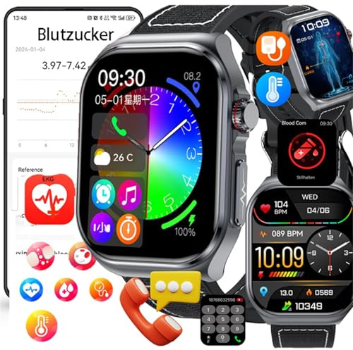 Fohatu Neu 𝐁𝐥𝐮𝐭𝐳𝐮𝐜𝐤𝐞𝐫 Smartwatch Herren 𝐃𝐢𝐚𝐛𝐞𝐭𝐞𝐬 ECG Smartwatch Mit Telefonfunktion,ECG Bludruck 𝐛𝐥𝐮𝐭𝐟𝐞𝐭𝐭𝐞 Harnsäure,Fitness Tracker Bluetooth Anrufen, schwarzes Leder