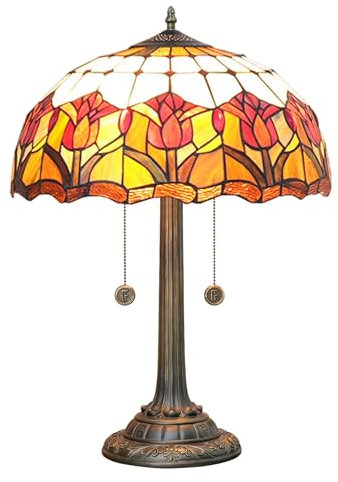 BOTOWI Tiffany Stil Tischlampe Tulip Licht Buntglas Lampe Schlafzimmer Nachttisch Lesen Schreibtisch Licht für Wohnen Büro Schlafsaal Retro Akzent Dekor 16 Zoll rote Blume Nachttisch Lampen