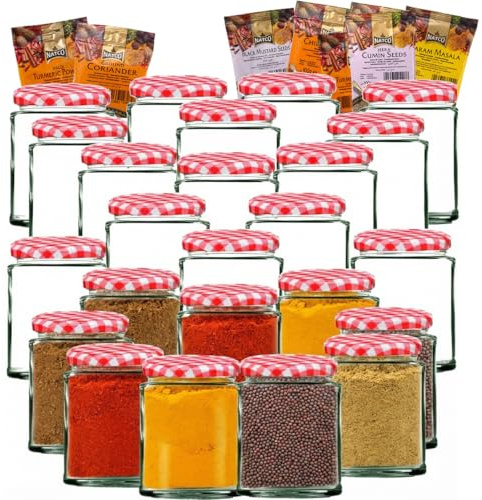 Offer Shop Glass Jars with Lids Mason Jars with Red Lid | Quality Glass jar with 8 Spices | 190ml Round Air tight for Spice Pickle Jelly- 24 Set