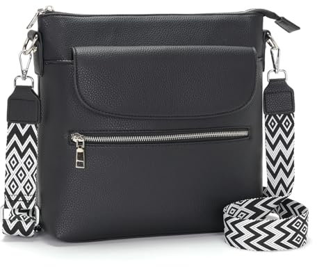 JSDOST Handtasche Mittelgroß Umhängetasche Groß Crossbody Bag Damen Veganes Leder Schultertasche Mit Vielen Fächern Schwarz