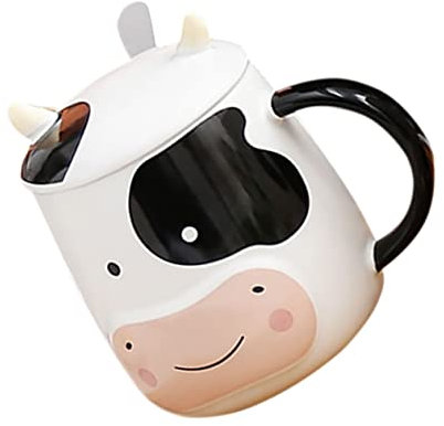 OFFSCH Milchbecher Aus Keramik Mit Cartoon-kuh-design Trinkbecher Mit Deckel Und Löffel Rutschfester Griff Geeignet Für Kaffee Tee Milch Und Andere Getränke