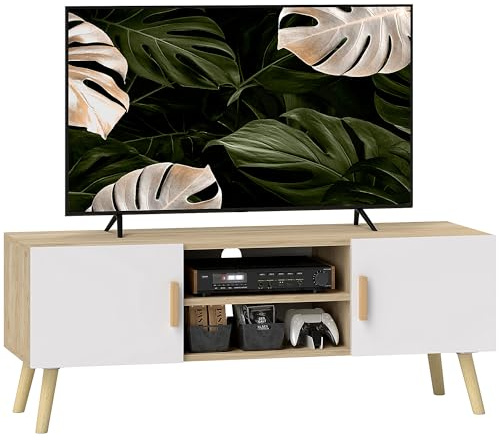 HOMCOM Meuble TV Meuble télé Bois Banc TV jusqu'à 50 Pouces avec étagères, 2 placards et Passe-câbles pour Salon, Chambre à Coucher, 110 x 36,2 x 42 cm, chêne et Blanc