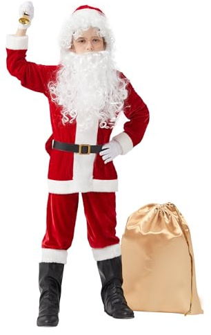 Boveco Christmas Kids Santa Costume 11Pcs Santa Suit for Boys Child Santa Claus Dress up Cosplay Halloween Xmas Holiday Party M