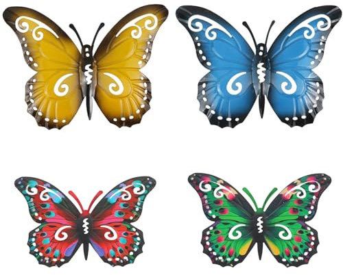 JISRKP 4Pcs Metal Butterfly Garden Ornaments Set, Metal butterfly wall decoration, Colorful Butterflies Wall art for Garden for Outdoor Fence Ornaments Hanging for Backyard Porch Patio