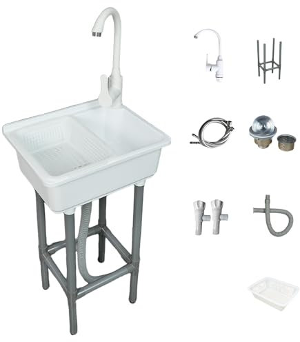 Lavandino del Bagno Bianco, Lavabo del Bagno, Lavatoio in Resina per WC Bagno Lavanderia Garage Uso Comune 43x32x83 cm / 17x12x33 Pollici E Rubinetto di Plastica per Acqua Calda e Fredda