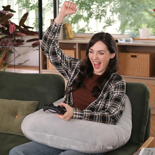 AmyWtb Ergonomic U-Shape Gaming & Lap Pillow - Crochet Pillow & Reading Support Pillow with Arm Relief, Comfort for Gamers, Crafters & Book Lovers (Light Gray)