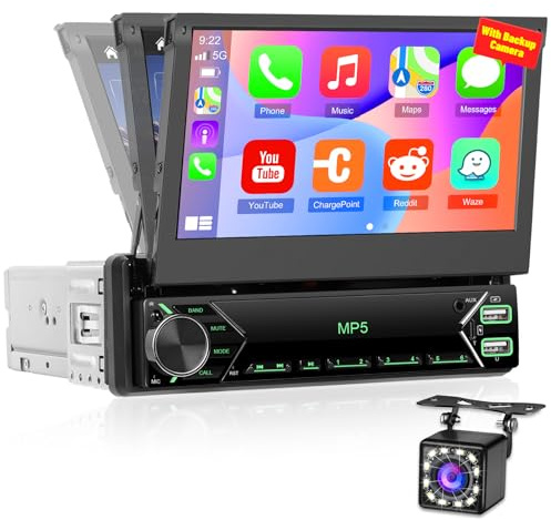 NHOPEEW Autoradio 1 DIN avec écran tactile rétractable flexible de 7 pouces - Autoradio compatible avec Carplay/Android Auto/Mirror Link sans fil, vidéo en ligne, AUX, clé USB Type-C + caméra de recul