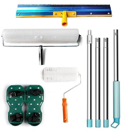Self-Levelling Cement Tool Kit – self Levelling Compound Tools with Removable 1.6m Long Extended Handle, Floor Construction Roller Spike Shoes, Stainless Steel Scraper Self-Leveling Rake