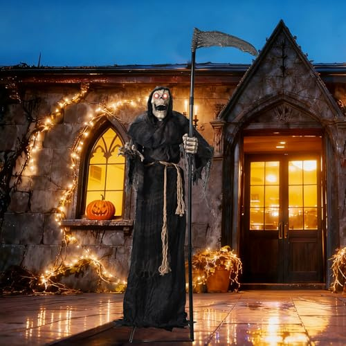 AW Halloween Animated Grim Reaper with Scythe Motion Sensor Glowing Eyes Spooky Sounds Volume Control AC Powered 100V-240V for Outdoor Yard Haunted House Decorations 2025