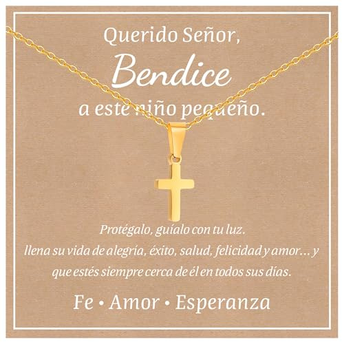FLHEART Croix Chrétienne Collier pour Garçon - Acier Inoxydable Plaqué Or/Argent Pendentifs Collier Chaîne Religieuse Amulet Cadeau pour Enfant Pâques, Baptême, Première Communion Anniversaire Noël