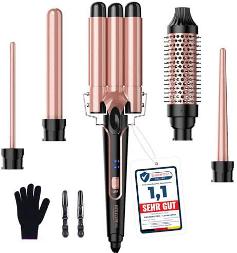 Boucleur à Cheveux Ionique BESTOPE PRO 5-en-1 – Comprend 3 mèches (9-25 mm) pour créer de grosses boucles, un peigne chauffant. Chauffe rapide, 2 réglages de température, pour tous types de cheveux.