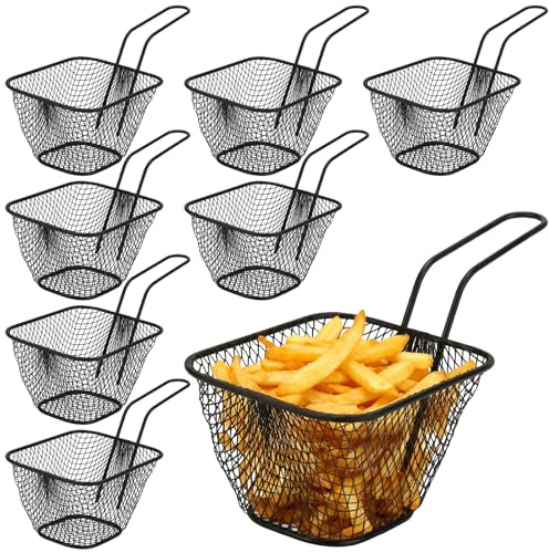 SEUNMUK 8 PCS Chip Serving Basket for French Fries, Mini Square Frying Baskets with Handle, Food Presentation for Onion Rings Chicken Wings, Black (11x9x6.5cm)