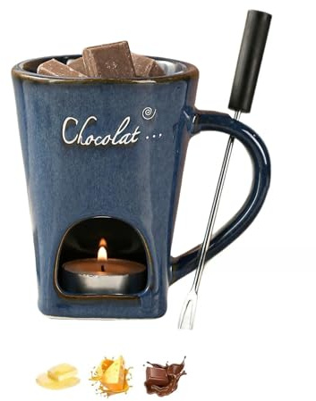Tasse à fondue au chocolat, tasse de Noël, avec fourchette, pour biscuits de Noël, polyvalente, pour fromage, beurre et caramel, cadeaux pour maman (bleu)