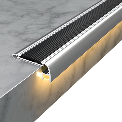 Profilé Nez de Marche Aluminium 100/120/150cm Bande Antidérapante avec Fente pour éclairage LED, Bord d'escalier Intérieur Extérieur(Black,100cm/39in)