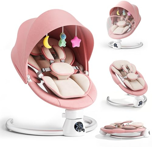 Hamaca Bebé con 2 Niveles de Respaldo Ajustable, App y Control Remoto Baby Rocker Eléctrica Bluetooth con 3 Temporizadores, 5 Velocidades de Columpio y 12 Sonidos, 2 Opciones de Energía (Rosa)
