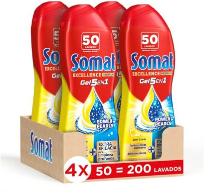 Somat Excellence Gel Lima och Citron 50 doser (förpackning med 4, totalt: 200 tvättar), avfettningsmedel, automatisk flytande diskmaskin i flaska, smutsborttagande diskmedel
