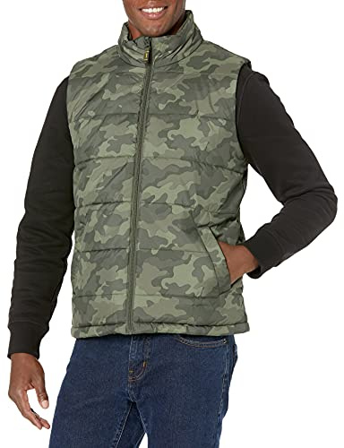 Amazon Essentials Gilet Imbottito Isolante Foderato in Pile Grammatura Media Uomo, Verde Militare Mimetica, M