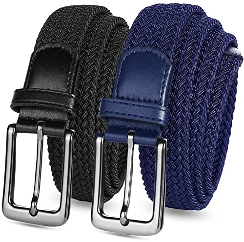 FINGER TEN Men's Stretch Belts Elastic Braided Value 2 Pack, Woven Belt for Golf Casual Pants Shirts Jeans (fit for Waist Size 30-34, Black+Blue)