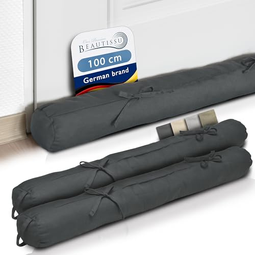 Beautissu Set di 2 Paraspifferi Imbottito per Porte e finestre Viento 100x10cm - con Laccio fermaporta e Pratica asola - Antracite
