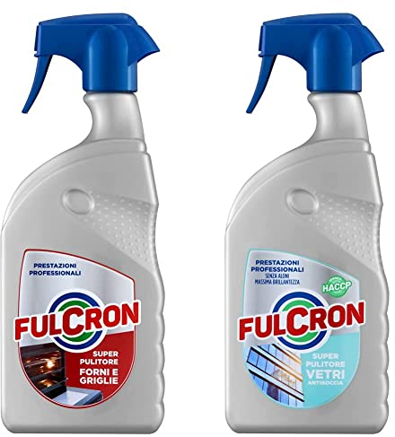FULCRON 2561 Super Pulitore Forni e Griglie, Detergente Concentrato, 750 ml & 2564 Super Pulitore Vetri 750 ml, Detergente Vetri