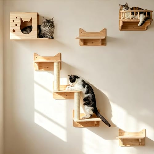 MIUZMORE Set arrampicatoio da parete per gatti in pino massello, 5 pezzi con mensole, casetta, piattaforma, gradini e scala in sisal – Mobili salvaspazio montati a muro