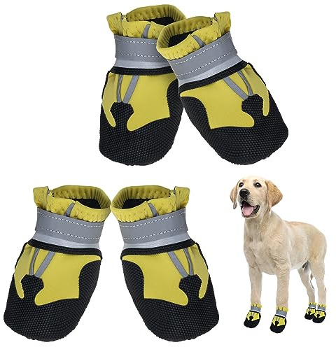 Avvrel Hundeschuhe, 4 Stück Pfotenschutz Hundestiefel rutschfeste wasserdichte Hundeschuhe mit Verstellbar Reflektierendem Riemen, Outdoor Hundeschuhe für Kleine Mittel Große Hunde (Gelbe, XXL)