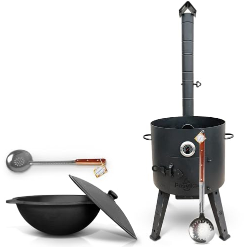 Utschak - Horno de fuego de 44 cm de diámetro, 2 mm, acero con termómetro uzbeko kazan 16 l, base redonda, espumadera, 48 cm, espumadera de 64 cm, Kazan Учаг Uchag казан hierro fundido