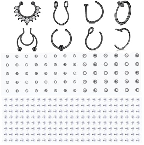 WillTen 8 st falsk näsa ring falsk septum piercing med 2 st falsk näsa stud stick falsk ansikte piercing, falsk näsa piercing klämma näsa ring falsk ögonbryn piercing falska läppar ring silver guld