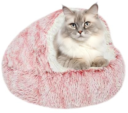 WIYETY Fluffig kattsäng, 40 cm, halkfri kattsäng, fluffig, rund kattgrotta, husdjurssäng, mjuk plyschgrotta med huva, för katter och små hundar (rosa)