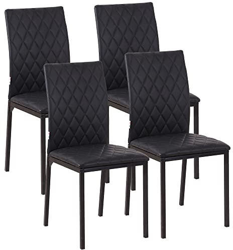 HOMCOM Set di 4 Sedie da Pranzo in Finta Pelle, Sedie da Cucina con Cuciture a Rombi e Gambe in Acciaio per Salotto e Soggiorno, Nero