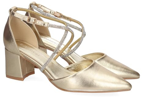 shoes&blues.es 88902 Sandalia de Tacon para Mujer, Comodas y Elegantes, Diseno Moderno con Tiras Brillantes, Puntera Fina y Cierre de Hebilla. Ideales para Eventos. Oro Talla 39