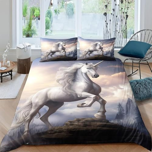 Bettwäsche 135X200 cm Microfaser 3D Tier Einhorn Pferd Bettbezug Set 3 Teilig Bettwäsche Set 1 Flauschige Bettbezug Mit Reißverschluss Und 2 Mal 80X80 cm - Weich Und Bequem Anti-A-33596020453635600