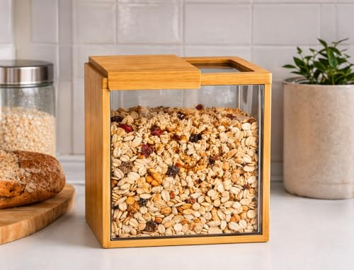 Caja de almacenamiento de bambú con cepillo de limpieza de bambú de 3 litros para alimentos para mascotas, caja de pasta, caja de café, caja de polvo para dispensador de alimentos, cocina, despensa